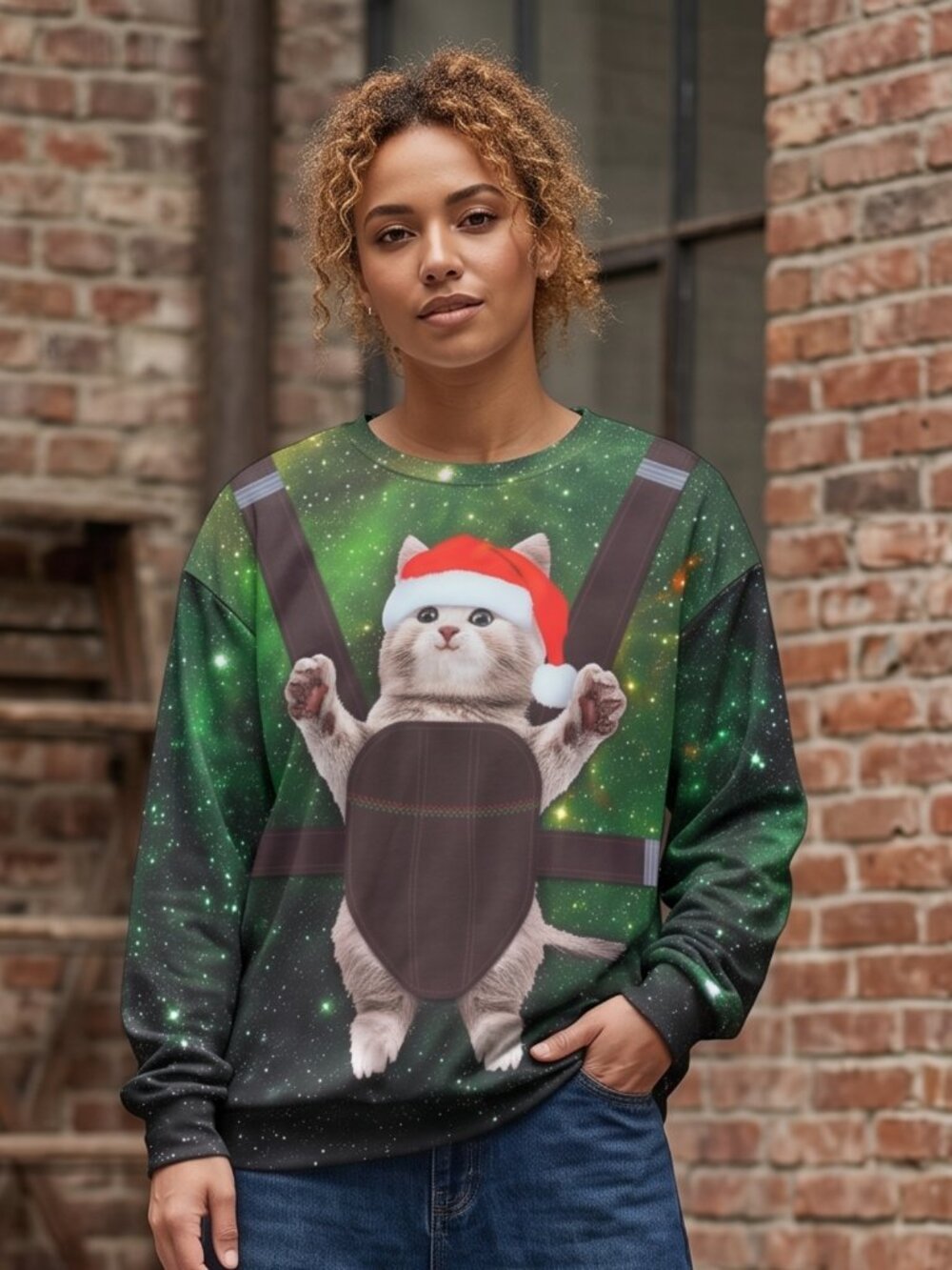 NWT Unisex Funny Christmas Cat Crew Neck Sweater – Size Medium